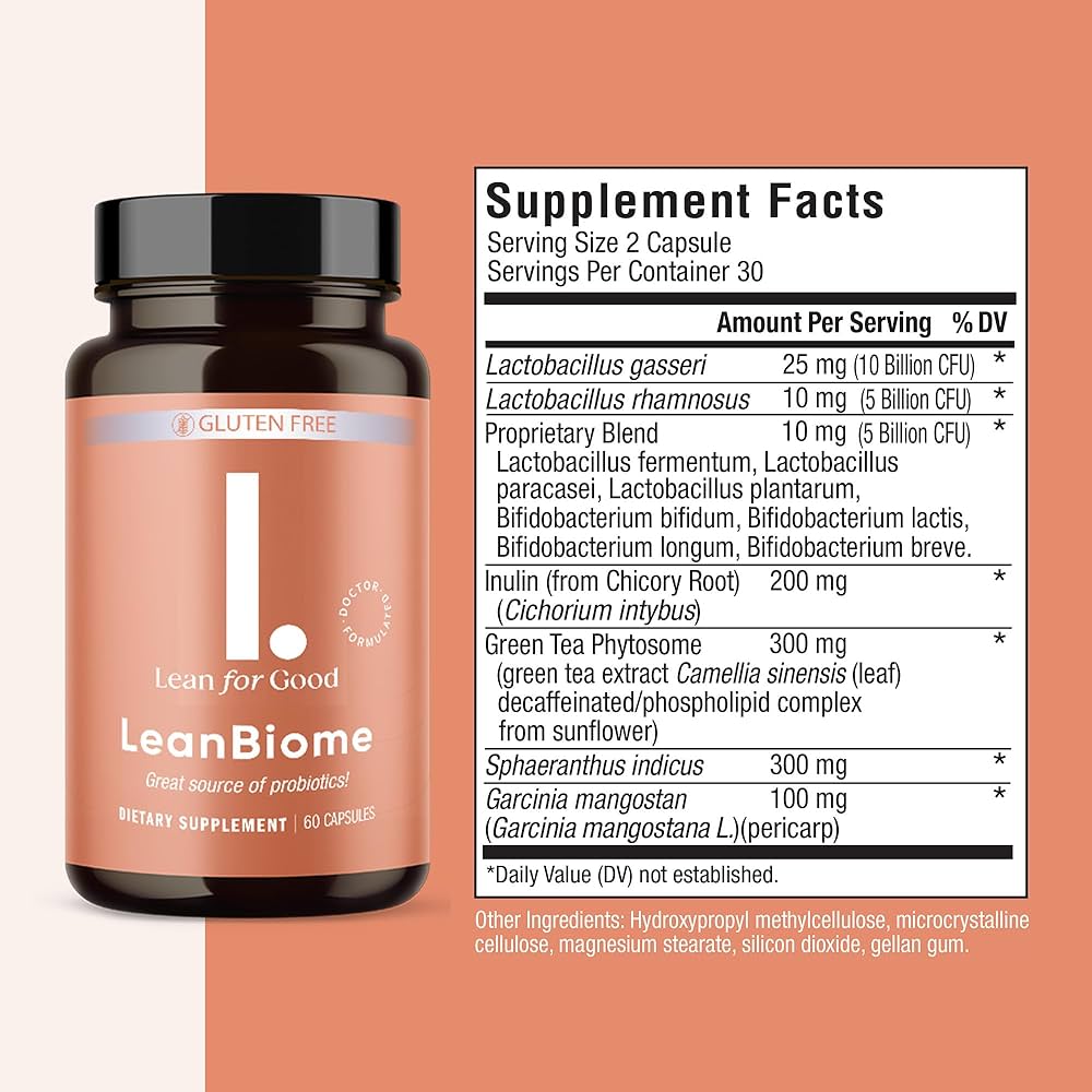 Image of the LeanBiome supplement label, showing the list of ingredients, quantities, and nutritional details.